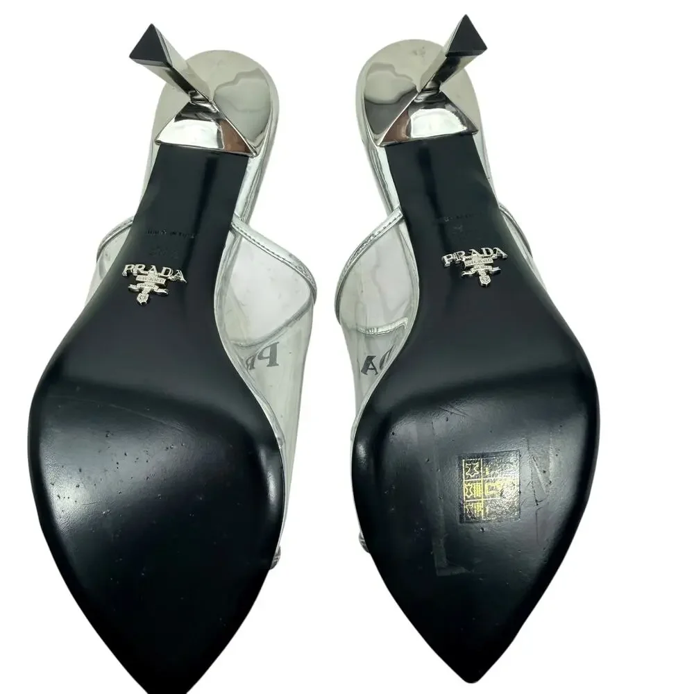 Prada Plex Transparent Pvc Triangle Logo Mule Sandals Silver Size 38.5 - Picture 9 of 10